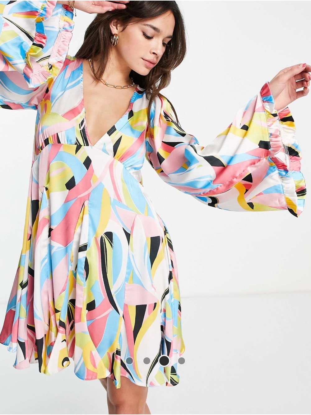 Multicolor Abstract V-Neck Swing Dress / Mini Smock Dress 14